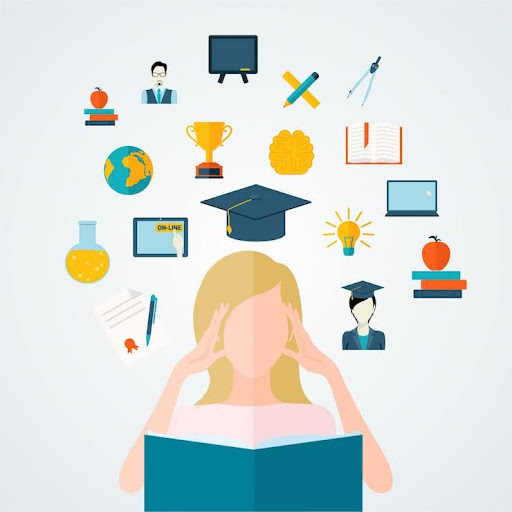 Girl holding her head in thought with a textbook in front of her, surrounded by floating icons like a lab flask, trophy, compass, globe, and tablet showing "online," symbolizing the diverse elements of modern, differentiated learning.